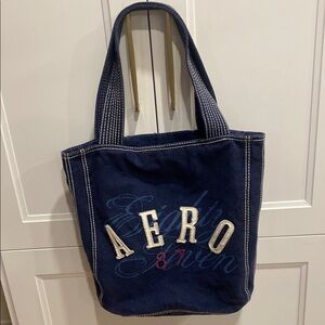 AEROPOSTALE Fabric Navy Blue Jean style Casual Tote Bag with white stitching